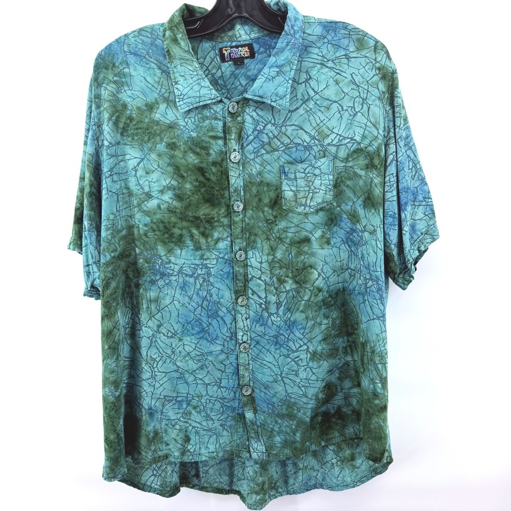 Tropical Tantrum Hawaiian Shirt Mens L Blue Green Batik Rayon Bali Art Aloha